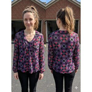 Ann Taylor Size 6 Geometric Blouse Pink Purple Black Ruffle Neck Sheer Mod Retro